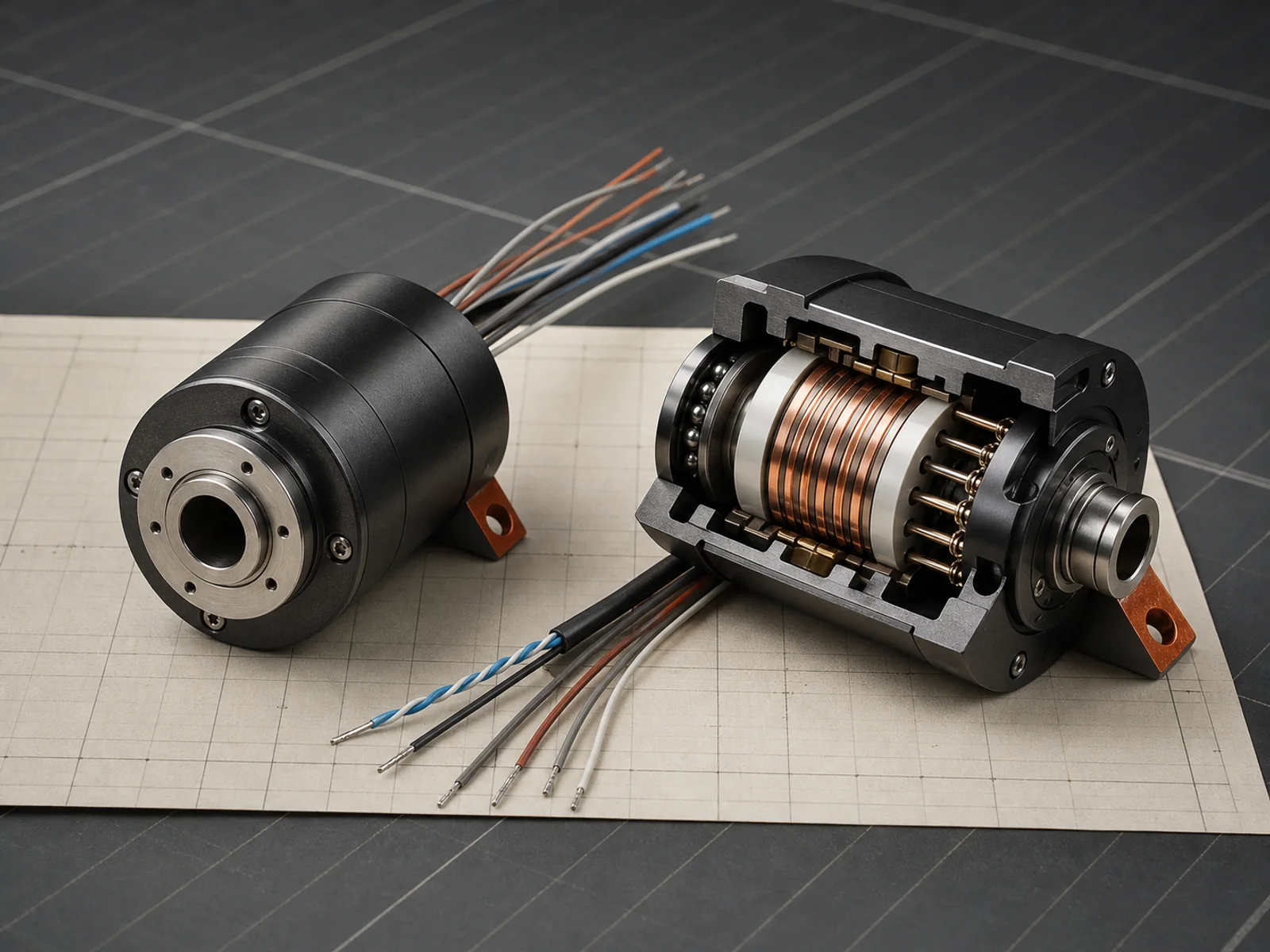 Rendered compact electrical slip ring and cutaway assembly