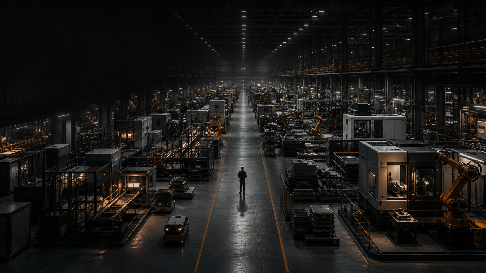 A single engineer standing among rows of industrial machines